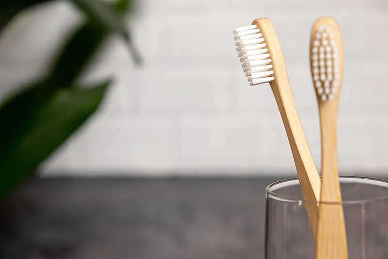 Two eco-friendly bamboo toothbrushes standing in a glass cup on a bathroom counter