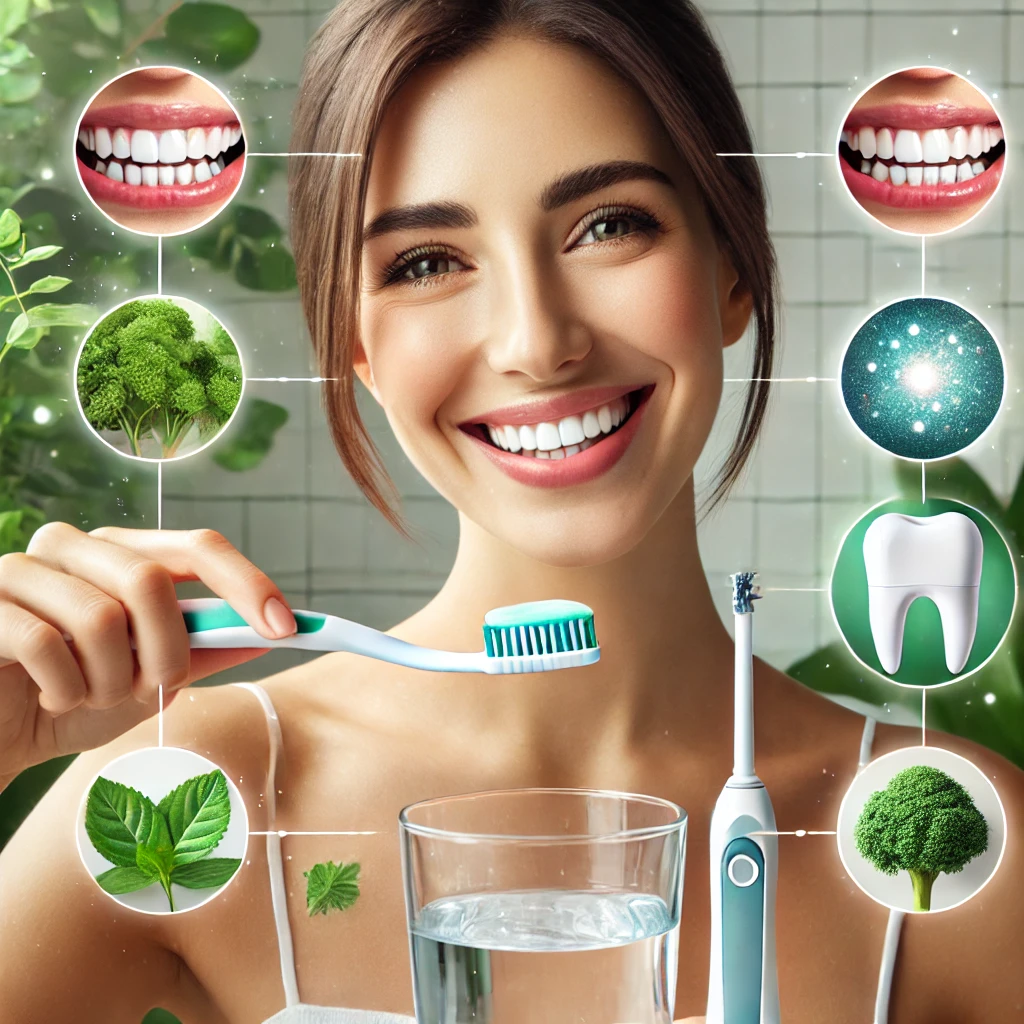 Smiling woman brushing her teeth surrounded by natural ingredients and healthy gum icons representing holistic oral care