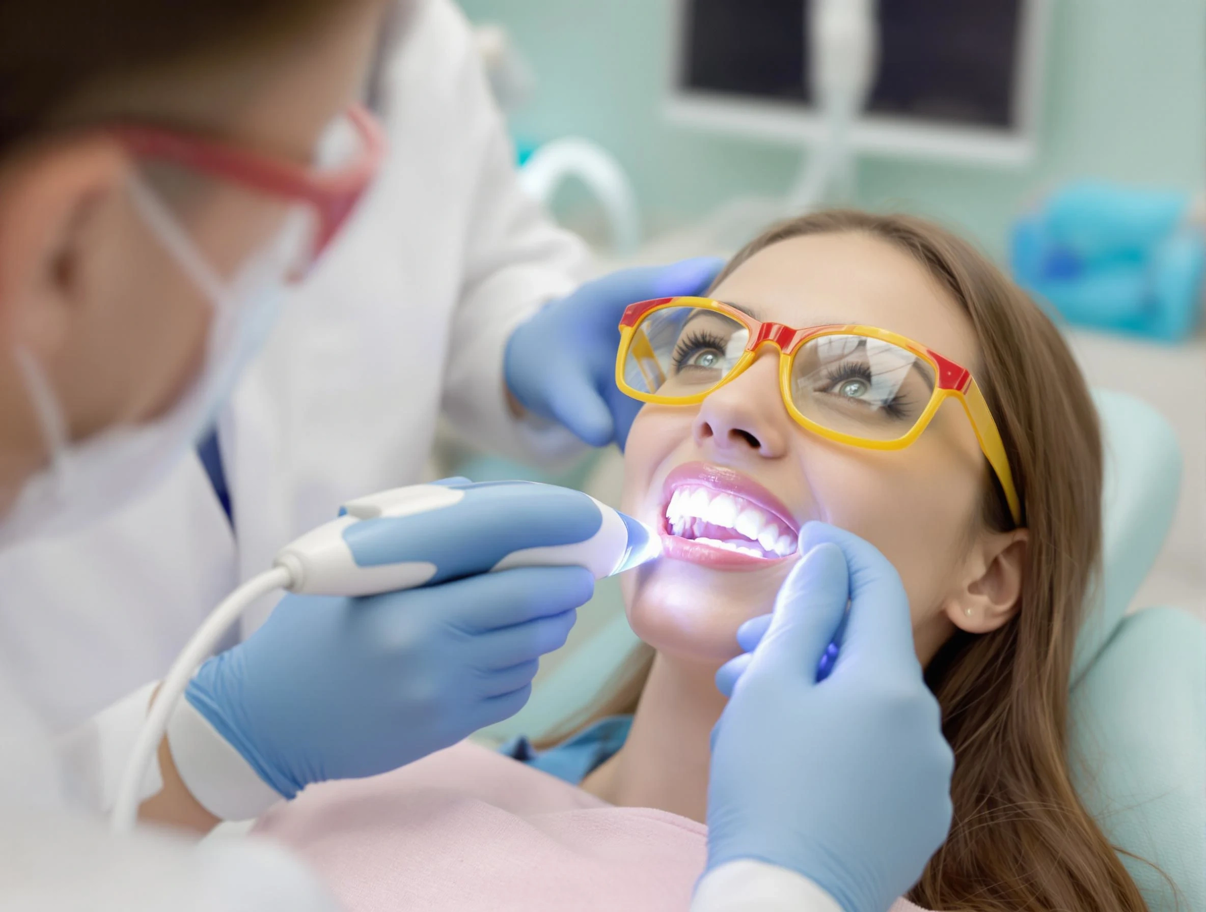Patient receiving professional teeth whitening treatment at a dental clinic with LED light technology