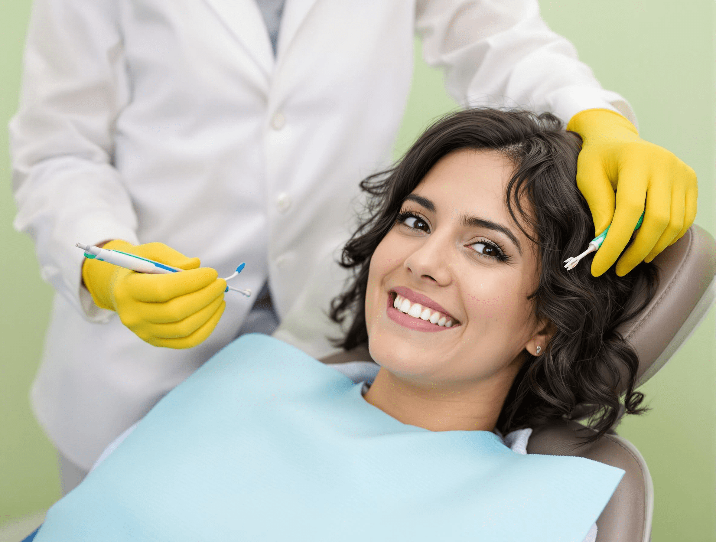 Smiling woman sitting in a dental chair during a regular checkup with dentist wearing yellow gloves