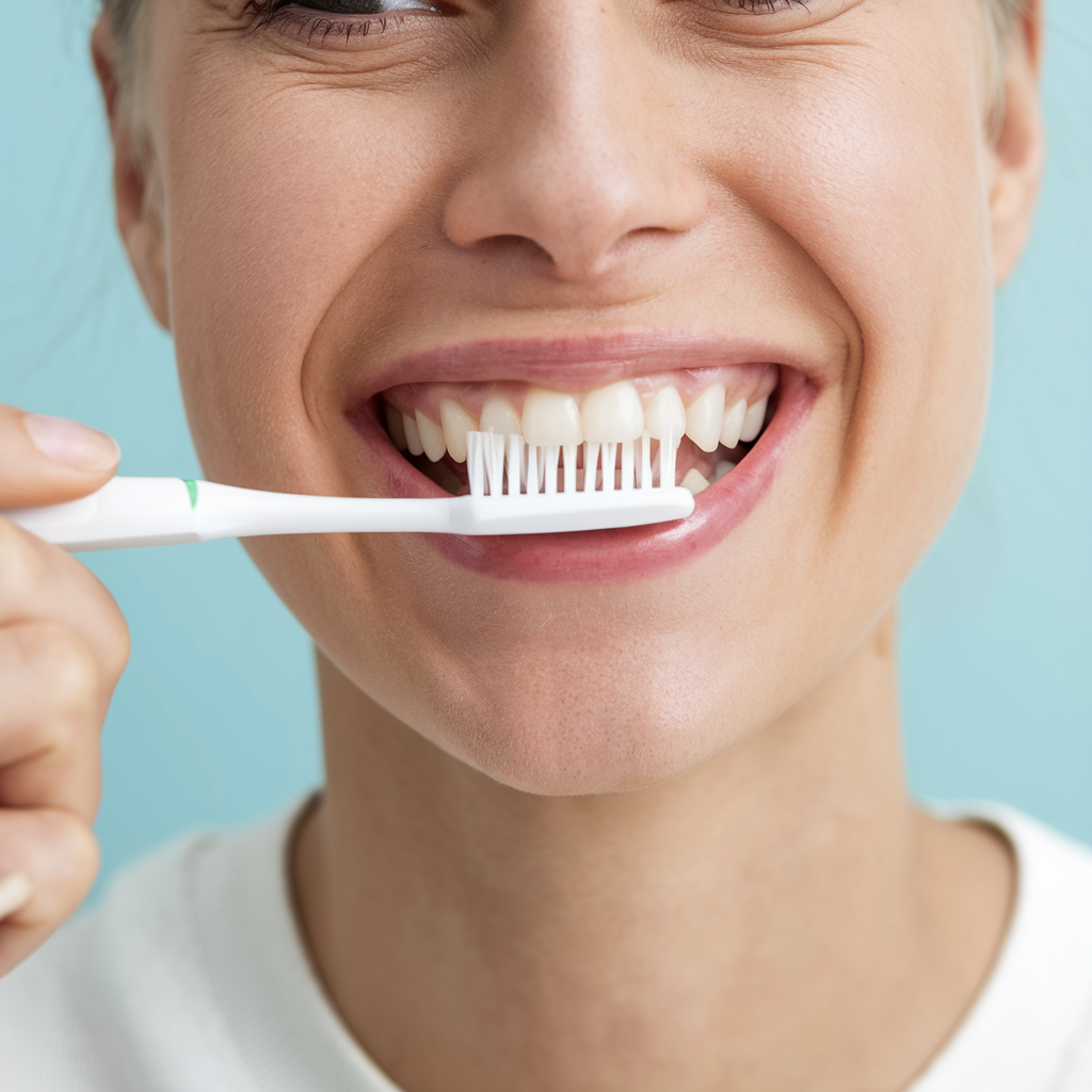 Close-up of woman brushing her teeth with a soft-bristled toothbrush, representing good oral hygiene and dental cleaning care